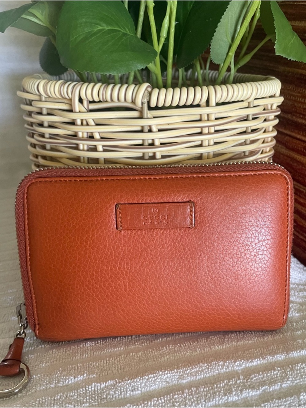 Gucci Orange-Tan Pebbled Leather Zip Around Wallet